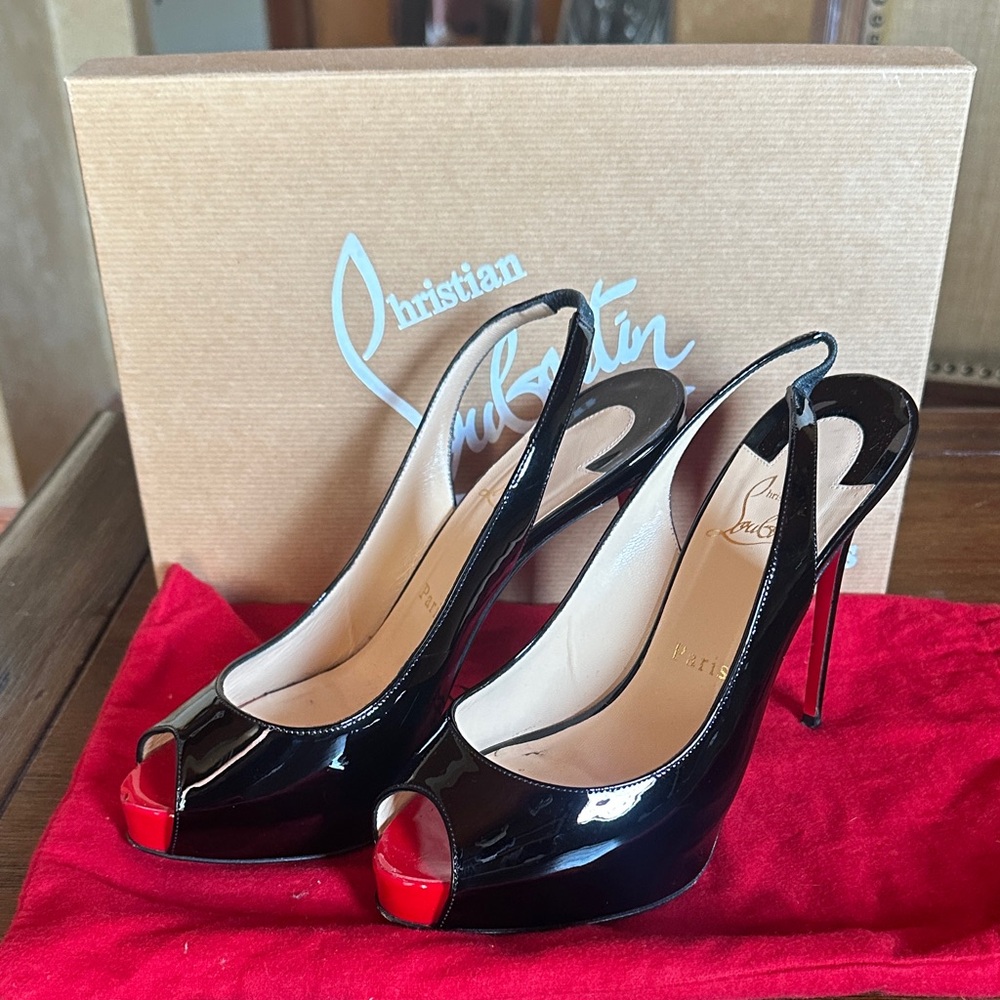 Christian Louboutin Black Patent Peep Toe Heels with Red Accents - Picture 2 of 6
